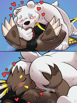 3_claws 4_fingers 5_fingers 69_position anal anthro anthro_on_anthro balls black_body black_fur blush bodily_fluids brown_body brown_fur claws drooling duo erection fellatio fingers fur genitals heart_symbol holding_penis lying male male/male male_penetrated male_penetrating male_penetrating_male markings motion_lines musk nipples on_back oral oral_penetration penetration penile penis rimming rimming_69 rimming_male saliva sex snaggle_tooth spots spotted_markings sweat tail white_body white_fur wings yellowluster arthropod bear insect lepidopteran mammal moth polar_bear ursine 2026 3:4 absurd_res digital_media_(artwork) hi_res shaded signature