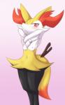 anthro areola big_ears blush breasts female fur hind_legs humanoid_pointy_ears inner_ear_fluff looking_at_viewer navel nipples nude pointy_ears red_eyes small_breasts solo standing stick thick_thighs tuft wood aoinu nintendo pokemon braixen canid canine generation_6_pokemon mammal pokemon_(species) 5:8 hi_res