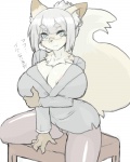 anthro big_breasts breasts camel_toe cleavage clothed clothing eyewear female glasses huge_breasts kemono nipples smile solo text wide_hips hibiki2 canid canine fox mammal 4:5 japanese_text translation_request