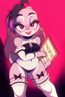 anthro biped blush breasts clothed clothed_anthro clothed_female clothing countershade_face countershade_fur countershade_tail countershade_torso countershading ear_piercing ear_ring ears_down eyebrows eyelashes female fingers fur gradient_background hair half-closed_eyes highlights_(coloring) legwear lingerie looking_at_viewer narrowed_eyes navel open_mouth open_smile panties piercing pink_nose pivoted_ears prostitution purple_eyes ring_piercing scut_tail short_stack short_tail simple_background smile solo standing stockings tail text thick_eyelashes thick_thighs thigh_highs underwear wide_hips zipper wildblur othinus ruby_(othinus) lagomorph leporid mammal rabbit 2024 digital_media_(artwork) english_text hi_res portrait three-quarter_portrait