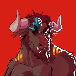 anthro beard black_sclera clothed clothing ear_piercing ear_ring facial_hair highlights_(coloring) horn male overbite piercing red_background red_eyes ring_piercing simple_background solo topless topless_anthro topless_male rneves_069 tusky_rayan_(artist) bovid bovine cattle mammal hi_res