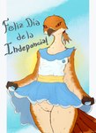 anthro argentina avian beak bird brown_body brown_feathers clothed clothing clothing_lift dress dress_lift feathers feet female genitals hair hi_res hornero independence_day_(argentina) open_mouth ponytail pussy red_eyes sleeveless_dress solo spanish_text standing talons text toes translated vagoncho
