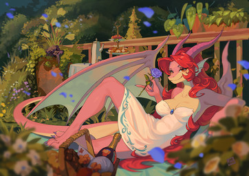 4_toes 5_fingers anthro biped breasts claws clothed clothed_anthro clothed_female clothing countershade_torso countershading dress feet female finger_claws fingers flower front_view hair holding_flower holding_object horn looking_at_viewer medium_breasts non-mammal_breasts outside pink_body pink_horn pink_skin pink_tail plant red_eyes red_hair smile solo tail toe_claws toes mzhh mythology dragon mythological_creature mythological_scalie scalie 2025 digital_drawing_(artwork) digital_media_(artwork) hi_res