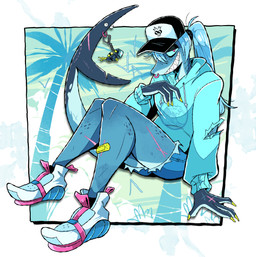 4_fingers anthro bandage baseball_cap blue_body blue_hair bottomwear clothed clothing denim denim_bottomwear denim_clothing denim_shorts facial_piercing female fin fin_piercing fingers footwear freckles furgonomics furry-specific_piercing grin hair hat headgear headwear hoodie long_hair looking_at_viewer nose_piercing nose_ring piercing pink_eyes ponytail ring_piercing scar septum_piercing septum_ring sharp_teeth shoes shorts smile solo tail tail_fin teeth topwear torn_clothing herny jawlene_(herny) fish marine shark absurd_res hi_res