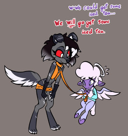 black_body black_fur clothing dialogue eyelashes freckled_face freckles fur halo leash long_eyelashes purple_body purple_eyes purple_fur red_eyes size_difference smile tail text thong_straps wings soulcentinel hellaverse helluva_boss mythology collin_(helluva_boss) molly_(violetechoes) angel bovid canid canid_demon canine caprine cherub demon hellhound mammal mythological_canine mythological_creature sheep