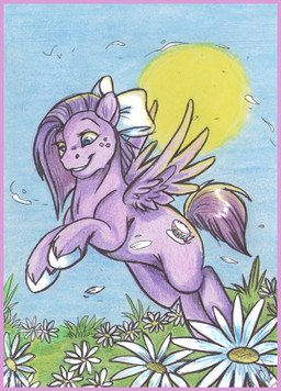 accessory blue_eyes border bow_(feature) bow_accessory bow_ribbon female flower fur grass hair_accessory hair_bow hair_ribbon hooves pink_border plant purple_body purple_fur ribbons solo sun wind wings sungon hasbro my_little_pony mythology fan_character lulu_belle_(raincloudriot) equid equine mammal mythological_creature mythological_equine pegasus