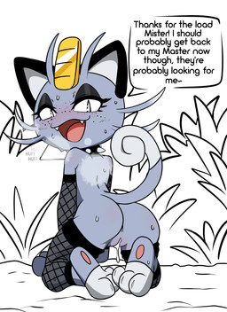 after_sex anthro anus armwear barbell_piercing black_eyes blush blush_lines bodily_fluids butt clothing collar cum cum_in_vagina cum_inside eyelashes eyeshadow female fishnet_armwear fishnet_clothing fishnet_legwear freckled_face freckles fur genital_fluids genitals glistening_eyelids grey_body grey_fur infidelity leaking_cum legwear long_eyelashes looking_at_viewer makeup master open_mouth pawpads paws piercing simple_background solo speech_bubble spiked_collar spikes sweat tail teeth text thigh_highs tongue vulva white_background yttriumi2f nintendo pokemon neeko_(yttriumi2f) alolan_form alolan_meowth felid generation_7_pokemon mammal pokemon_(species) regional_form_(pokemon) absurd_res digital_media_(artwork) english_text hi_res