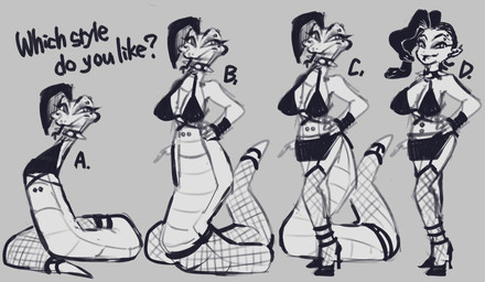 anthro bottomless breasts cleavage clothed clothing collar eyebrow_piercing facial_piercing female feral fishnet_clothing fishnet_legwear footwear forked_tongue grey_background hand_on_hip high_heels legwear navel navel_piercing non-mammal_breasts partially_clothed piercing scales semi-anthro shoes simple_background solo spiked_collar spikes take_your_pick tongue tongue_out m5mona human mammal reptile scalie snake black_and_white hi_res monochrome