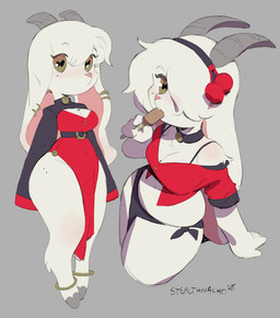accessory albino anthro black_collar black_headband blush breasts cleavage clothed clothed_anthro clothed_female clothing collar dress ear_piercing ear_ring eating eating_food eyebrows female female_anthro fingers fur grey_background hair hair_over_eye headband heart_eyes heart_symbol hooves horn long_ears looking_at_viewer medium_breasts navel piercing red_clothing red_dress ring_piercing short_snout simple_background solo standing text tuft white_body white_eyebrows white_fur wide_hips stealthnachos bovid caprine goat mammal 2025 artist_name