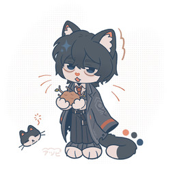3_fingers accessory ambiguous_anthro ambiguous_gender anthro barefoot belt black_body black_bottomwear black_clothing black_fur black_hair black_pants bottomwear clothing coat_cape dipstick_tail emanata eye_bags feet fingers food fur hair holding_food holding_object inner_ear_fluff looking_at_viewer markings multicolored_body multicolored_fur necktie pants paws pink_inner_ear pink_nose plant potato red_necktie simple_background solo sparkles suit tail tail_markings text tired_eyes tuft vegetable white_background white_body white_fur white_inner_ear_fluff atsupitiger limbus_company project_moon yi_sang_(limbus_company) domestic_cat felid feline felis mammal 1:1 2026 hi_res japanese_text signature male_(lore)