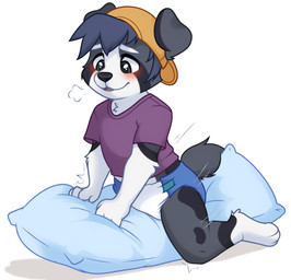 ambiguous_gender anthro backwards_baseball_cap backwards_hat baseball_cap blush bottomwear breath clothing diaper grinding hat headgear headwear humping masturbation open_mouth pillow pillow_humping smile solo straddling underwear young young_anthro misspopa canid canine canis domestic_dog mammal