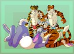 anthro group male male/male prey_dom_predator_sub reverse_predator/prey soft_vore swallowed_whole vore corgeh canid canine canis felid lagomorph leporid mammal pantherine rabbit tiger wolf digital_media_(artwork)