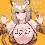 :d animal_print big_breasts bikini bodypaint breasts claw_pose cleavage clothed clothing cute_fangs fangs female huge_breasts inner_ear_fluff open_mouth paw_pose pose pupils purple_eyes slit_pupils smile solo swimwear teeth text tiger_print tuft two-piece_swimsuit kanta_077 arknights hypergryph new_year_2022 studio_montagne utage_(arknights) animal_humanoid felid felid_humanoid humanoid mammal mammal_humanoid pantherine pantherine_humanoid tiger_humanoid absurd_res english_text hi_res