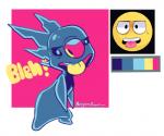 alternate_color ambiguous_gender blue_body emoji icy_body looking_at_viewer open_mouth pink_background pink_nose simple_background solo standing text tongue tongue_out white_background angoraram disney lilo_and_stitch slushy_(lilo_and_stitch) alien experiment_(lilo_and_stitch) 2018 digital_drawing_(artwork) digital_media_(artwork) low_res restricted_palette signature