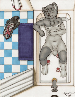 anthro bath biped bird's-eye_view breasts eyes_closed female genitals high-angle_view knees_out_of_water legs_out_of_water lying nipples nude on_back partially_submerged slice_of_life solo submerged_legs vulva water wet os mammal marsupial unknown_species marker_(artwork) traditional_media_(artwork)