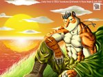 anthro bottomwear clothing detailed_background male muscular muscular_anthro muscular_male outside pants sitting solo sun text ryuu_majin felid mammal pantherine tiger 2007 4:3 english_text