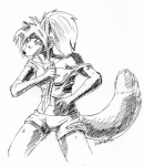 anthro biped bottomwear clothing female hair knife ponytail pose shirt shorts simple_background solo standing tail tank_top topwear weapon white_background valentinapaz sierra_blakely canid canine canis mammal wolf 2013 monochrome sketch