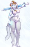 anthro blue_eyes breasts casual_nudity clothing crossgender electricity electricity_manipulation elemental_manipulation female front_view frown fur genitals glowing glowing_eyes hat hat_only headgear headgear_only headwear headwear_only holding_melee_weapon holding_object holding_sword holding_weapon jewelry melee_weapon mostly_nude mtf_crossgender necklace nipples nude nude_female pussy simple_background solo standing sword weapon white_body white_fur friskalpox gunfire_reborn lei_luo_(gunfire_reborn) felid mammal pantherine tiger 2022 full-length_portrait hi_res portrait