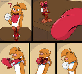 3_toes 4_fingers anthro big_tongue cartoon_gloves cartoon_physics collar duo extreme_size_difference eyebrows feet fingers heart_eyes heart_symbol long_tongue macro male male/male micro open_mouth red_tongue size_difference smug smug_face soft_vore sucking_on_fingers toes tongue toony toony_moment uvula vore wide_tongue doggydog doggydog_(character) roderick_(tamerkoh) toon_doggydog_(doggydog) canid canine canis domestic_dog lagomorph leporid mammal rabbit absurd_res comic hi_res