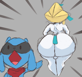 ambiguous_gender anthro backsack balls big_butt butt dot_eyes duo genitals gesture hand_gesture huge_butt kerchief looking_at_viewer male neckerchief neckwear nude open_mouth pointing simple_eyes thick_thighs white_body wide_hips gothicc nintendo pokemon two_soyjaks_pointing generation_3_pokemon generation_4_pokemon humanoid jirachi legendary_pokemon pokemon_(species) riolu hi_res