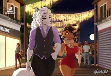 5_fingers anthro anthro_on_anthro biped black_hair black_nose bottomwear breasts cleavage clothed clothed_anthro clothed_female clothed_male clothing collared_shirt dress dress_shirt duo_focus fangs female female_anthro fingers full_moon fur group hair humanoid_hands interspecies interspecies_romance male male/female male_anthro moon night open_mouth open_smile pants plantigrade romantic romantic_ambiance romantic_couple shirt smile tail tan_body tan_fur teeth topwear vest walking white_body white_fur white_hair kanutwolfen kanut_rossengard_(kanutwolfen) phaeris_kamauoha arctic_wolf canid canine canis caracal caracal_(genus) felid feline mammal wolf 2025 hi_res signature