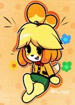 anthro black_nose blonde_hair blush bottomwear breasts chibi clothing eyelashes female fur green_bottomwear green_clothing green_skirt hair looking_at_viewer open_mouth orange_background orange_outline outline simple_background sitting skirt small_breasts smile solo teeth updo white_outline yellow_body yellow_fur diego_mejia animal_crossing nintendo isabelle_(animal_crossing) canid canine canis domestic_dog mammal