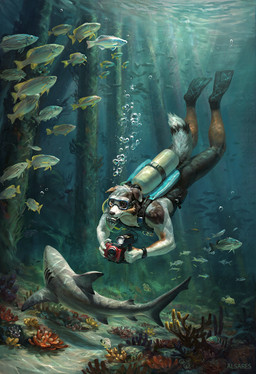 anthro camera diving_mask feral fluffy fluffy_tail male mask scuba smile solo tail underwater water alsares aquatic canid canine canis domestic_dog fish herding_dog mammal pastoral_dog shark hi_res