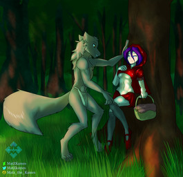 against_natural_surface against_surface against_tree anthro arm_tuft basket bedroom_eyes blue_eyes bottomwear breasts cheek_tuft chest_tut clothed clothing container digitigrade duo elbow_tuft facial_tuft female footwear forest fur hair holding_basket holding_container holding_object hoodie legwear loincloth male midriff narrowed_eyes navel outside pelvic_curtain picnic_basket plant purple_hair red_clothing red_hood red_hoodie red_topwear seductive shoes skimpy skirt slim smile standing stockings tan_body tan_fur topwear tree tuft under_boob yellow_eyes matz_the_kames fairy_tales little_red_riding_hood_(copyright) twokinds big_bad_wolf little_red_riding_hood maren_taverndatter sythe_(twokinds) canid canine canis human keidran mammal wolf absurd_res hi_res