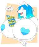 anthro areola barely_visible_areola big_breasts birthday birthday_cake birthday_card black_nose blue_eyes blue_hair blue_nails blush breasts cake claws colored_nails dessert eye_through_hair fangs female food fur hair happy_birthday huge_breasts hyper hyper_breasts kemono looking_at_viewer nails nipple_tape open_mouth open_smile pasties pink_areola simple_background smile solo tape teeth text tongue translucent translucent_hair white_body white_fur amad_no_moto canid canine canis mammal wolf digital_media_(artwork) half-length_portrait portrait