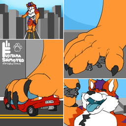 animal_genitalia animal_penis anthro black_body black_claws black_eyebrows black_fur black_nose black_stripes blue_mouth blue_pawpads blue_tongue canine_genitalia canine_penis city city_destruction claws destroyed_vehicle destruction eyebrows fur genitals hair high-angle_view holding_character imminent_oral_vore imminent_vore larger_male macro male micro micro_in_hand orange_body orange_fur pawpads paws penis perspective purple_body purple_fur purple_hair purple_stripes red_body red_fur red_vehicle size_difference solo stripes text tongue uvula white_body white_fur fujiyama_samoyed pinky_(steelhound) canid canine mammal 1:1 digital_media_(artwork) english_text