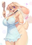 4_fingers anthro apron apron_only big_breasts blonde_hair blush breasts buckteeth choker clothed clothing eyebrow_through_hair eyebrows female fingers floppy_ears fur hair heart_symbol jewelry kemono looking_at_viewer necklace purple_eyes scut_tail short_tail slightly_chubby solo spatula tail teeth tools translucent translucent_hair yellow_body yellow_fur aruurara sophia_(aruurara) lagomorph leporid mammal rabbit absurd_res hi_res