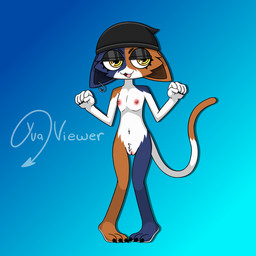 3_toes 5_fingers anthro beanie beanie_only blue_background breasts clothing eyelashes feet female fingers genitals hat hat_only headgear headgear_only headwear headwear_only mostly mostly_nude nude simple_background small_breasts solo toes vulva yellow_eyes yua_viewer epic_games fortnite meow_skulls calico_cat domestic_cat felid feline felis mammal 1:1 hi_res