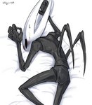 ambiguous_gender anthro bed black_body black_eyes blush bodily_fluids furniture horn lying on_bed on_front solo sweat white_horn kurogin_(artist) hollow_knight team_cherry hornet_(hollow_knight) arthropod humanoid insect signature female_(lore)