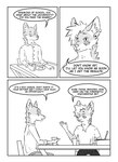 absurd_res anthro canid canine chair clothed clothing comic duo ear_piercing ear_ring english_text fox furniture gesture hand_gesture hi_res kif_yppreah kifyun2 male mammal monochrome piercing ring_piercing simple_background speech_bubble table text