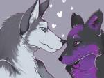 anthro black_body black_fur black_nose blue_eyes duo fur grey_body grey_fur happy heart_symbol male multicolored_body multicolored_fur nude purple_body purple_eyes purple_fur simple_background smile two_tone_body two_tone_fur white_body white_fur abysmalzombie dys_(character) song_(song) canid canine canis domestic_dog fox husky mammal nordic_sled_dog spitz 2018 digital_media_(artwork) hi_res