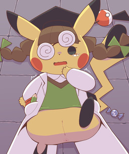 accessory anus beady_eyes biped bipedal_feral bodily_fluids bow_ribbon braided_hair brown_hair candy cheek_spots clothing coat cosplay_pikachu_(costume) dessert eyewear female female_feral feral food fur genitals glasses graduation_cap hair hair_accessory hair_bow hair_ribbon high-angle_view innie_vulva lab_coat looking_at_viewer lying lying_on_ground on_back on_ground open_mouth pencil_(object) ribbons solo spiral_glasses sweater sweater_vest tears topwear vest vulva yellow_body yellow_fur crepix nintendo pokemon pikachu_ph._d generation_1_pokemon pikachu pokemon_(species) 2024 cel_shading digital_drawing_(artwork) digital_media_(artwork) shaded