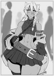 arm_accessory belt bottomwear braided_hair clothing ear_piercing femboy hair looking_at_viewer male midriff piercing skirt solo thick_thighs wide_hips anuki gozer_mocha ailurid humanoid mammal red_panda hi_res monochrome