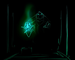 4_ears ambiguous_gender anthro clothed clothing coat creepy empty_eyes fangs lamp lantern looking_at_viewer multi_ear open_mouth outstretched_arm solo standing teeth topwear conditional_dnp lodi_(artist) shamey avali avian 5:4 hi_res restricted_palette sketch