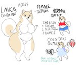 big_breasts breasts featureless_breasts female huge_breasts slightly_chubby solo text under_boob buraian287 laika_(buraian287) canid canine canis domestic_dog mammal shiba_inu spitz absurd_res english_text hi_res model_sheet