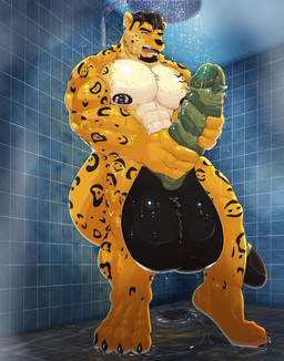 anthro balls bathing bathroom big_balls big_penis bodily_fluids genital_fluids genitals glans huge_balls huge_penis humanoid_genitalia humanoid_penis hybrid_genitalia hybrid_penis hyper hyper_balls hyper_genitalia hyper_penis jacking jerking male muscular nipple_piercing nipples nude paws penis piercing precum ribbed_cock ribbed_penis shower shower_masturbation showering solo spiked_penis spikes spikes_(anatomy) tail water goldeneyeuro kai_tak_(goldeneyeuro) felid jaguar mammal pantherine 2026 hi_res
