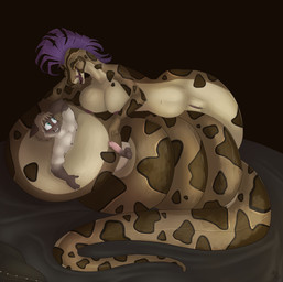 anthro apode areola balls belly big_breasts biped black_body black_countershading bodily_fluids breasts brown_body brown_hair brown_scales brown_spots coiling coiling_another countershade_face countershade_torso countershading dominant dominant_female dripping duo erection eye_contact eyebrows female forked_tongue fur genital_fluids genitals glans gloves_(marking) grin hair half-closed_eyes humanoid_genitalia humanoid_penis humanoid_vulva leg_markings legless licking licking_lips licking_own_lips looking_at_another male male/female markings mohawk multicolored_body multicolored_scales narrowed_eyes nipples nude penis precum purple_hair reverse_countershading scales serpentine sharp_teeth simple_background smile socks_(marking) spots spotted_body spotted_scales tan_body tan_countershading tan_fur tan_scales teeth tongue tongue_out two_tone_body two_tone_scales vaginal_fluid_drip vaginal_fluids vulva fuf domestic_cat draconcopode felid feline felis mammal naga reptile scalie siamese_cat snake 2018 hi_res
