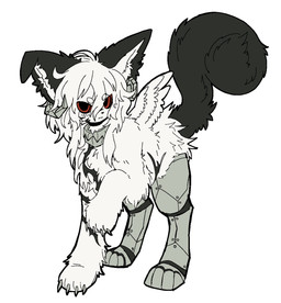 ambiguous_gender black_body black_ears black_eyes black_fur black_tail claws curved_horn feral fur grey_horn gzpxllztt horn paws prosthetic prosthetic_leg prosthetic_limb quadruped red_eyes small_claws small_wings solo tail white_body white_face white_fur white_wings wings canid canine mammal hi_res