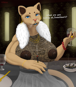 age_difference alcohol anthro areola balls beads beverage big_areola big_breasts big_nipples big_penis blue_eyes blue_lipstick bodily_fluids bottomwear breasts brown_body brown_fur brown_nipples bulge cigarette clothing drinking ear_piercing ear_ring erection erection_under_clothing fur genital_fluids genitals gynomorph huge_breasts huge_nipples huge_penis humanoid_genitalia humanoid_penis intersex jewelry lace lips lipstick looking_at_viewer makeup mature_gynomorph mature_intersex muscular muscular_intersex necklace nipples older_intersex open_mouth pendant penis piercing restaurant ring_piercing sand_fur skirt smile smoking smoking_cigarette solo tail tawny_body text thick_thighs topwear wide_hips wine yellow_body yellow_fur nibisu sahira_(nibisu) felid lion mammal pantherine absurd_res english_text hi_res