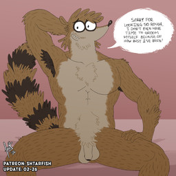 anthro armpit_hair balls beard body_hair brown_body chest_tuft dialogue facial_hair flaccid fluffy fluffy_tail foreskin genitals hair hand_behind_head hand_on_leg hand_on_thigh head_tuft looking_at_viewer male messy_fur messy_hair mullet mustache navel nervous nervous_smile nude penis raised_tail sitting solo speech_bubble spread_legs spreading stubble tail talking_to_viewer text tuft shtarfish cartoon_network regular_show don_(regular_show) mammal procyonid raccoon 2026 english_text