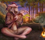 anthro campfire crossed_legs eating eating_food fin food forest light_clothing male muscular muscular_male outside piercing plant scar sitting sitting_on_ground solo sunset tree 1cassius1 nintendo the_legend_of_zelda thitan fish marine shark zora hi_res