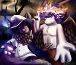 anthro blue_fire clothing colored_fire cosmic_cape duo fantasy fire fire_crown fur hair hat headgear headwear holidays male male/male paws simple_background smile wings witch_costume witch_hat purple_galaxy halloween bovid caprine hybrid mammal sheep digital_media_(artwork) hi_res shaded