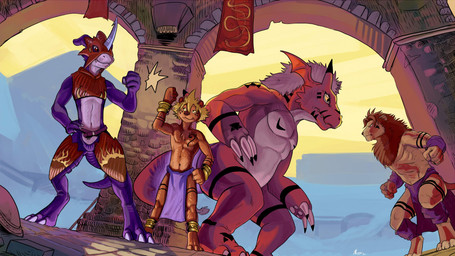 anthro armor blue_body blue_skin bottomwear clothing digital_hazard eye_contact fur group horn loincloth looking_at_another male mane markings mask shield slim slim_anthro slim_male symbol negy bandai_namco digimon franko_(negy) shin_(negy) digimon_(species) felid flamedramon growlmon lion mammal pantherine 2014