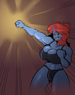 abs big_breasts blue_body blue_skin bra breasts bulge clothing directed_motion_outline dramatic_lighting evil_grin exercise gynomorph hair intersex motion_lines muscular muscular_gynomorph muscular_intersex orange_hair orange_sclera panties pose punch radial_speed_lines sharp_teeth smile speed_lines teeth underwear yellow_eyes empskit alien hi_res