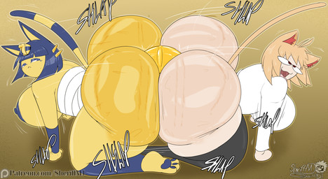 ahegao anal anthro ass_to_ass bandage big_breasts big_butt bite biting_lip blue_hair breasts bubble_butt butt butt_jiggle clothing dildo double_dildo duo egyptian female female/female fur hair huge_butt hyper hyper_butt jiggling leggings legwear looking_back looking_pleasured oil oiled_butt onomatopoeia sex_toy simple_background sound_effects text thick_thighs yellow_background yellow_body yellow_fur masterj291 animal_crossing nintendo patreon tsukihime type-moon ankha_(animal_crossing) neco-arc animal_humanoid cat_humanoid domestic_cat felid felid_humanoid feline feline_humanoid felis humanoid mammal mammal_humanoid 2025 digital_media_(artwork) hi_res