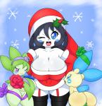 alternate_color big_breasts blue_eyes breasts butt clothing curvy_figure female festive genitals glistening glistening_body glistening_skin group happy holidays huge_breasts legwear looking_at_viewer one_eye_closed open_mouth plant presenting purple_eyes pussy ribbons snowflake stockings voluptuous wink kirbot12 christmas nintendo pokemon bailey_(kirbot12) jade_(kirbot12) elemental_creature emolga flora_fauna generation_3_pokemon generation_5_pokemon humanoid mammal minun pokemon_(species) rodent roselia sciurid 2016